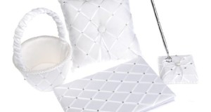 Artwedding 4pcs Satin Latticed Pearls Wedding Guest Book and Pen Set Pillow Basket Bowknot, White