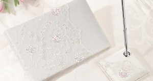 Ivory Sequin Lace Guest Book with Pen Set