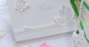 Remedios Boutique 2-Piece Bridal Accessory Set of Ivory Jaffaite Butterfly Guest Book and Pen with Pen Holder